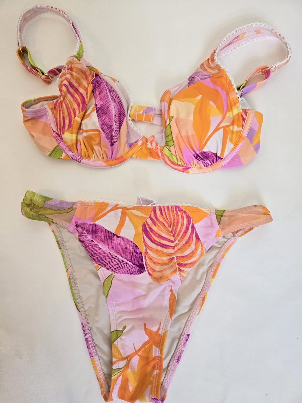 Tropical Print Underwire Bikini Set in Pink & Orange Top Size M, Bottoms Size S